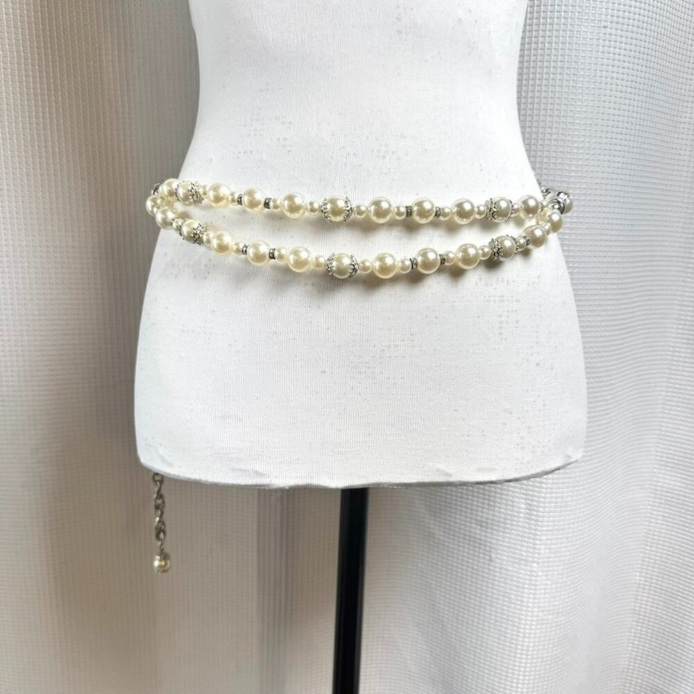 Retro Chain Belt Faux Pearl Rhinestone Cabochon Silver Tone Y2K Western